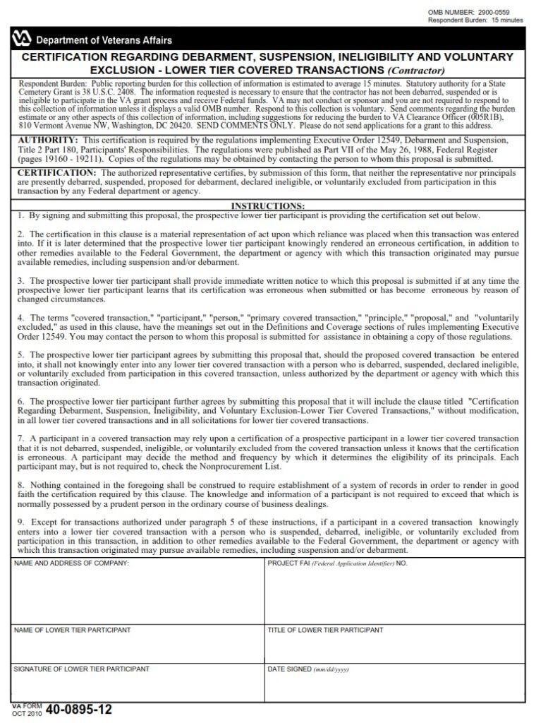 VA Form 4040089512 Certification Regarding Debarment, Suspension
