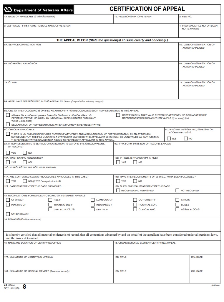 VA Form 8 – Certification Of Appeal - VA Forms