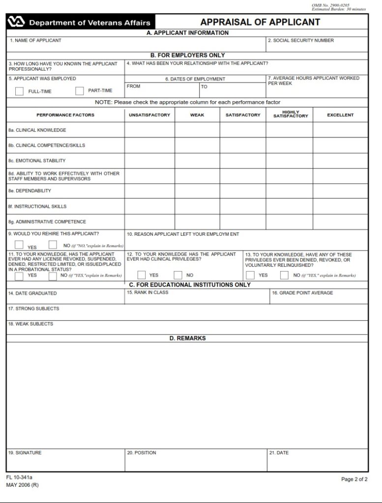 VA Form FL-10-341a – Employment Reference for Title 38 Employee - VA Forms