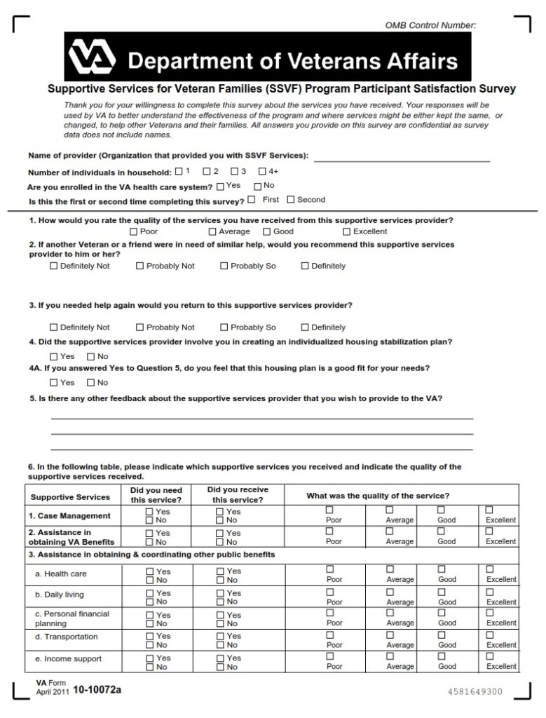 Va form 10 10072a supportive services for veteran families ssvf