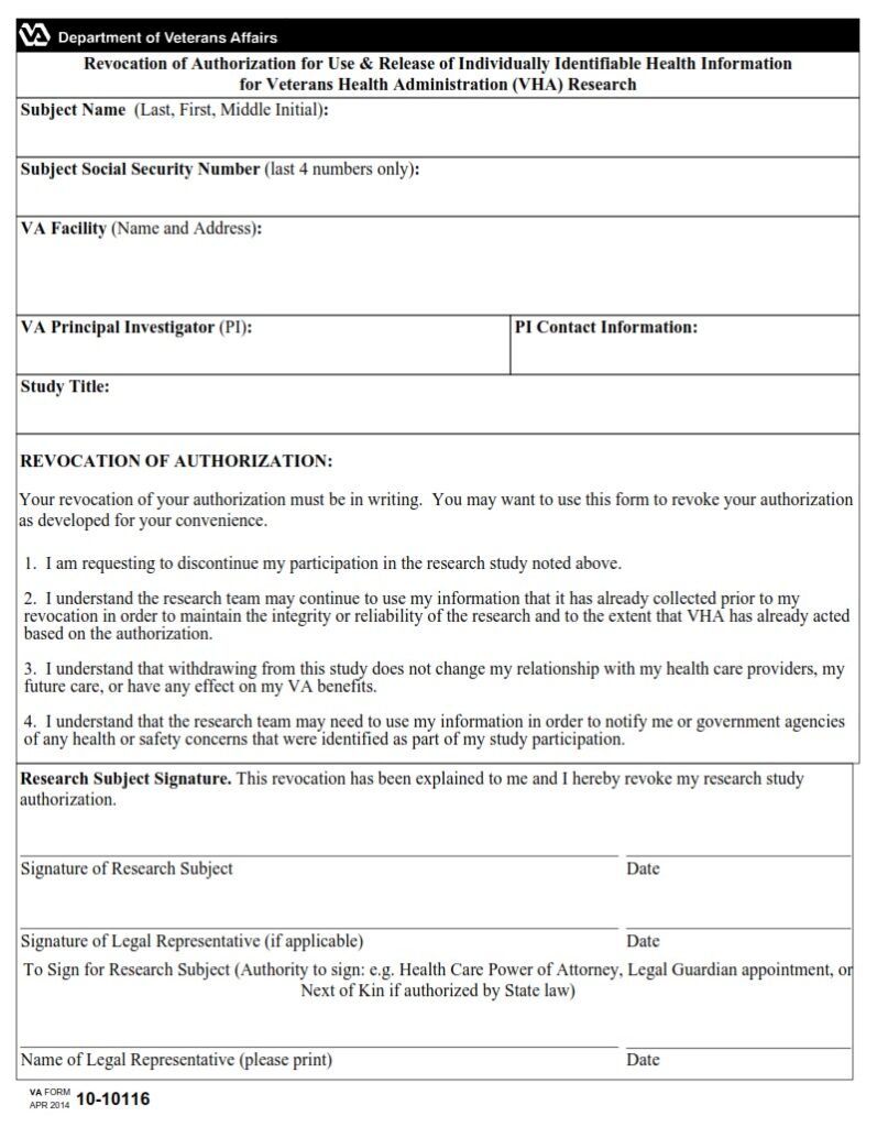 VA Form 10-10116 – Revocation of Authorization for Use & Release of ...