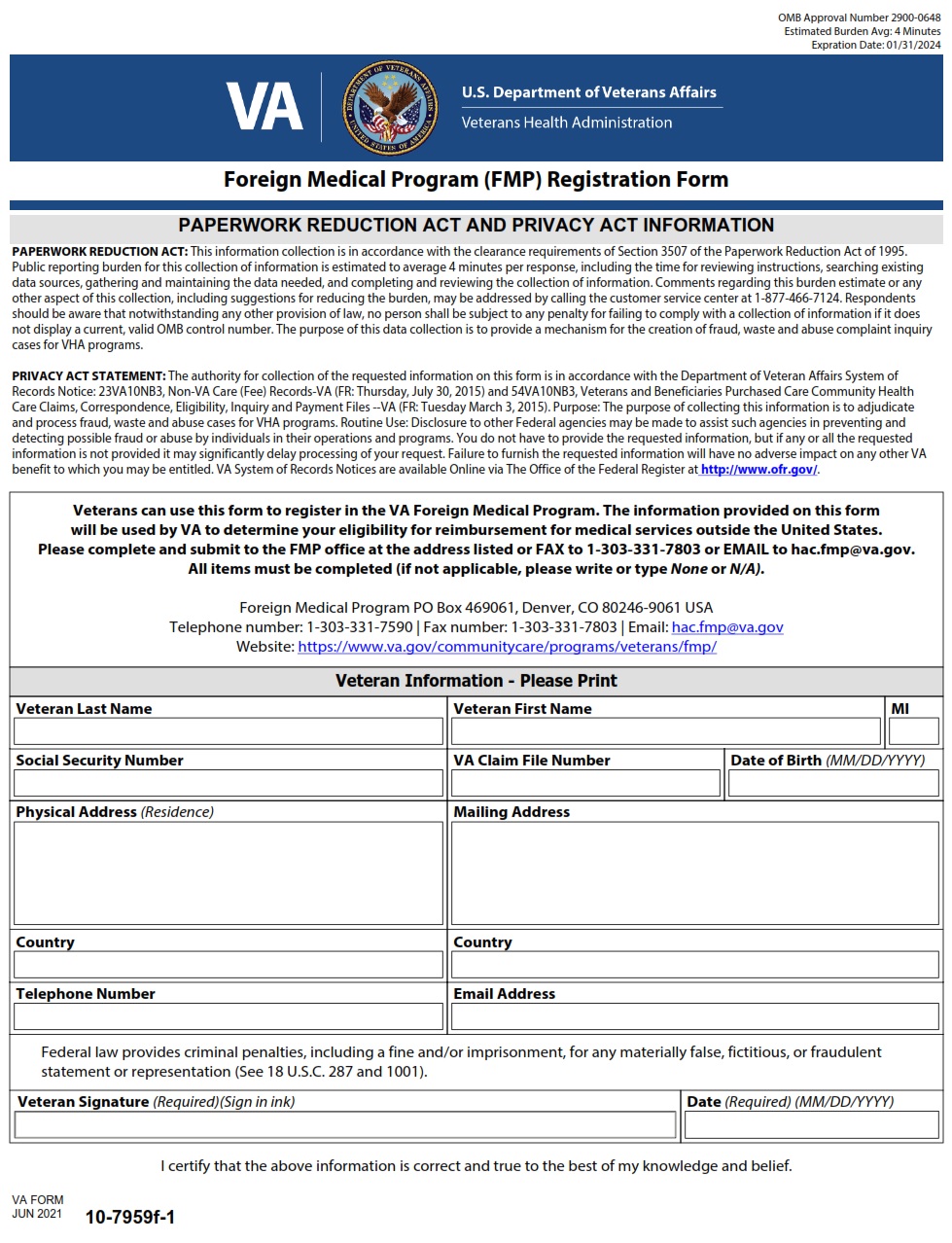 VA Form 10 7959f 1 Foreign Medical Program FMP Registration Form 