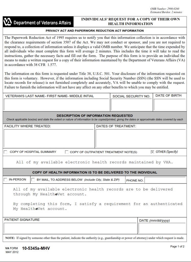 VA Form 10-5345A-MHV - Page 1