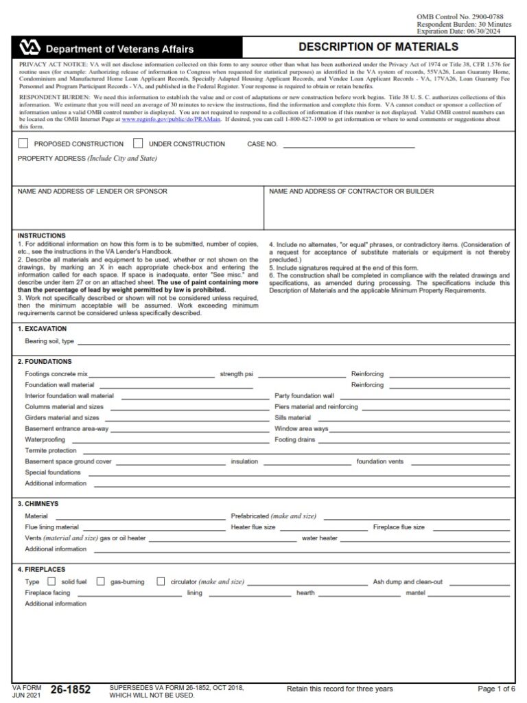 VA Form 261852 Description of Materials VA Forms
