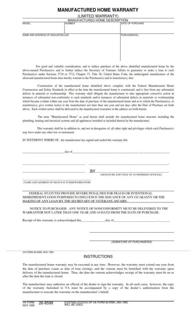 VA Form 268599 Manufactured Home Warranty VA Forms