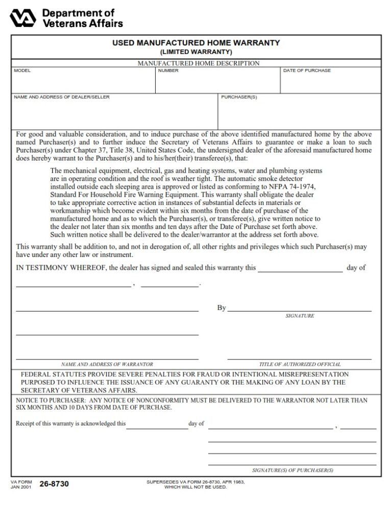 VA Form 268730 Used Manufactured Home Warranty VA Forms