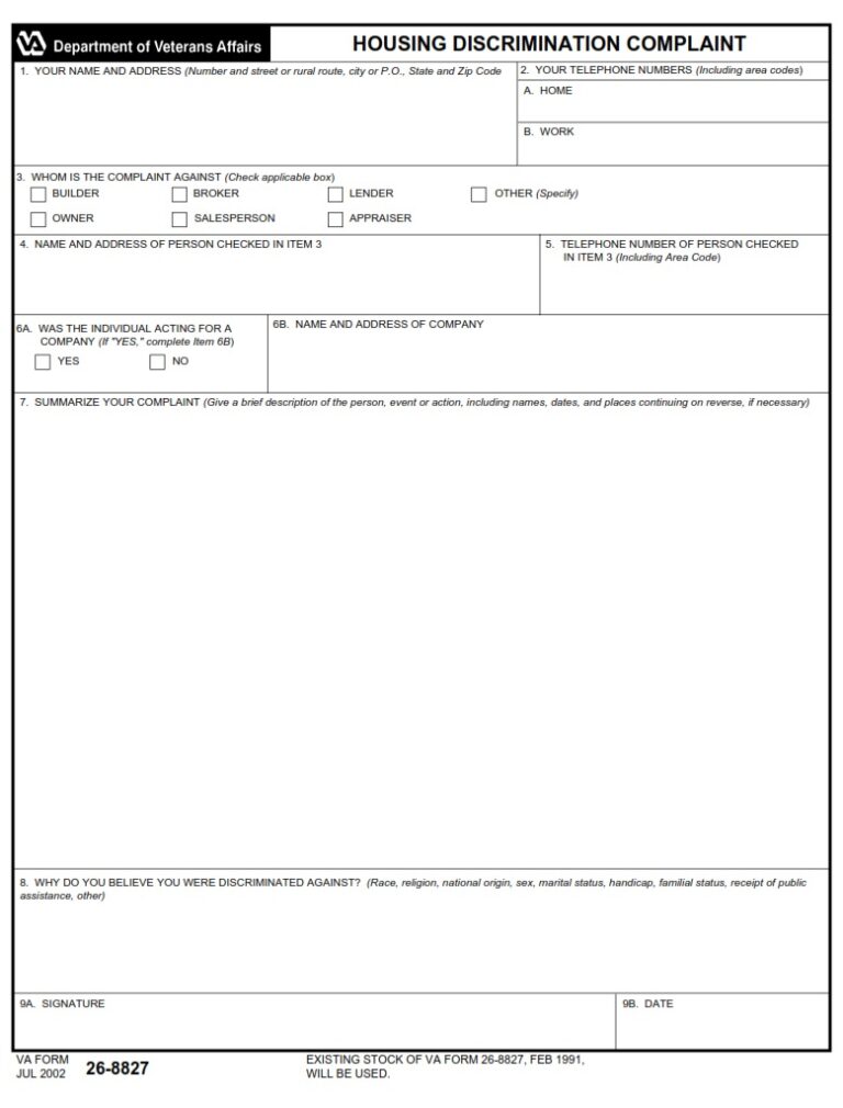 VA Form 268827 Housing Discrimination Complaint VA Forms