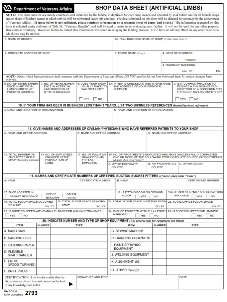 Va form 2793 shop data sheet artificial limbs va forms