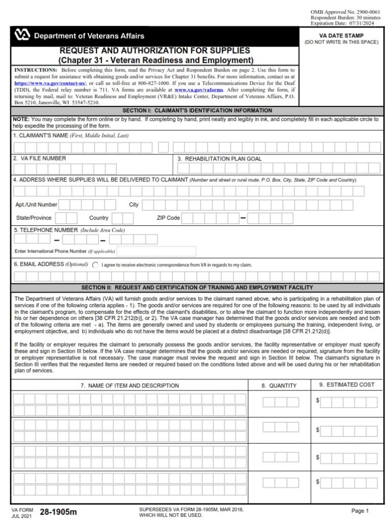 VA Form 28-1905 – Request And Authorization For Supplies - VA Forms