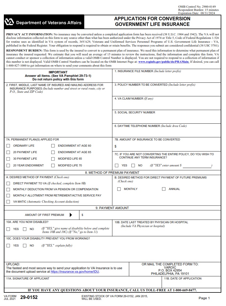 VA Form 29-0152