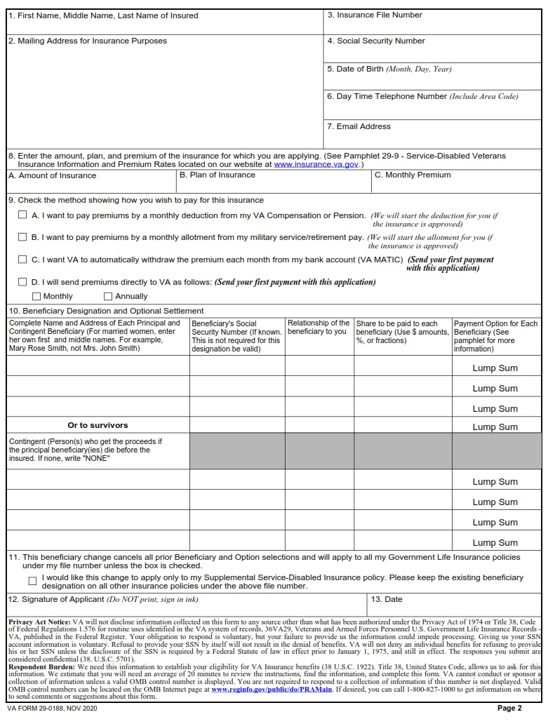 VA Form 29-0188 - Page 2